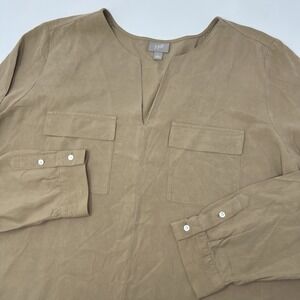 J Jill Silk V Neck Womens Large Brown Long Sleeve Blouse Top Lightweight Pockets